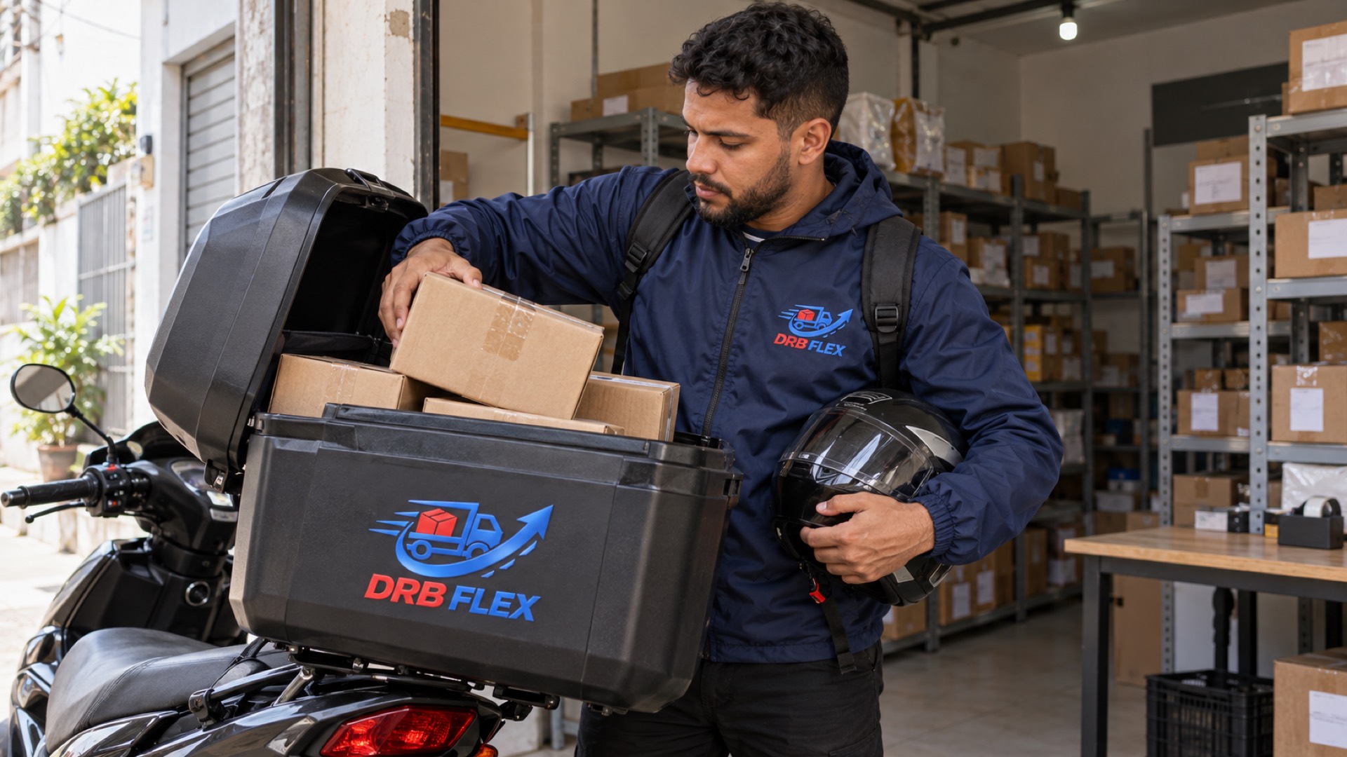 Motoboy da DRB Flex carregando pacotes no baú da moto em frente ao estoque de um vendedor