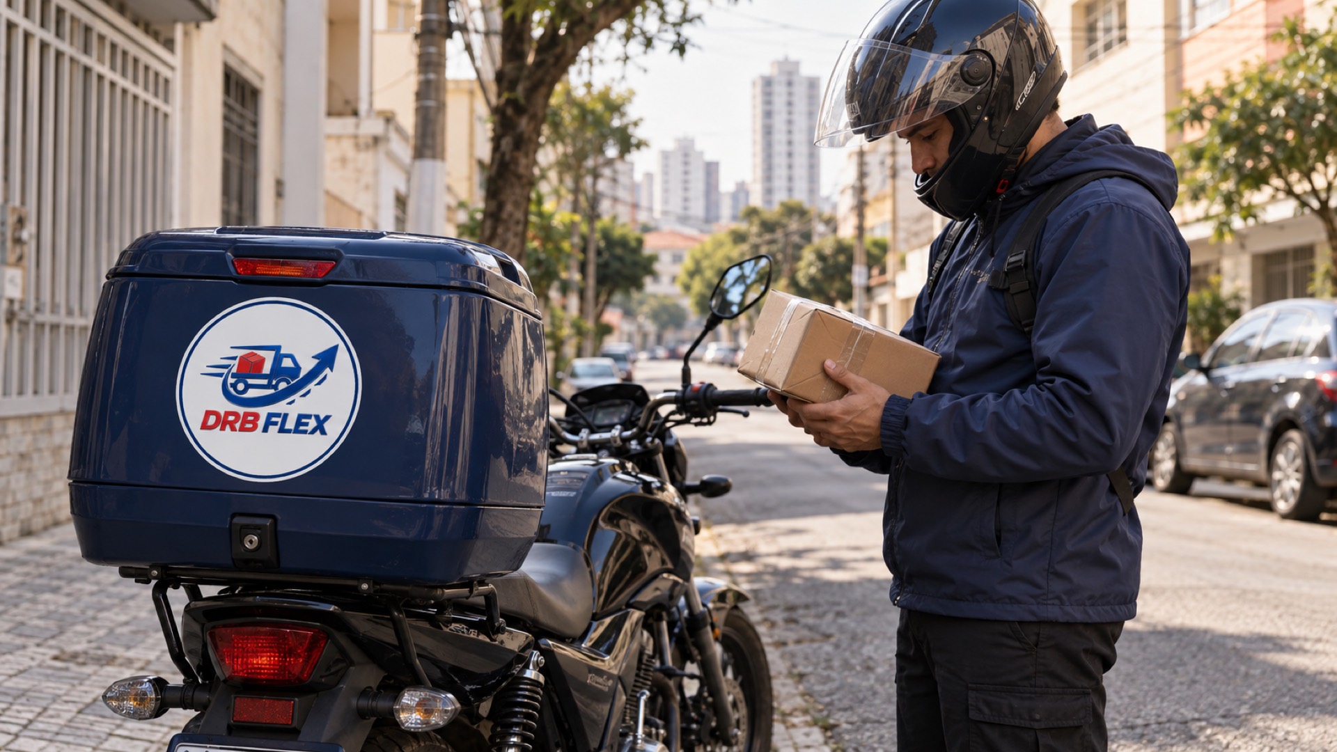 Motoboy da DRB Flex conferindo um pacote ao lado da moto com baú azul com o logo DRB Flex, em rua de São Paulo
